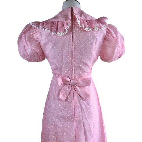 Vintage 70s Maxi Dress Pink Swiss Dot Ruffle Pom Trim Puff Sleeve ILGWU Size 7/8 - Picture 9 of 13
